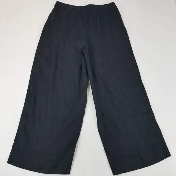 Tahari Pants Womens Large Black Linen Wide Leg Pull On Elastic Waist Pockets - Picture 2 of 11